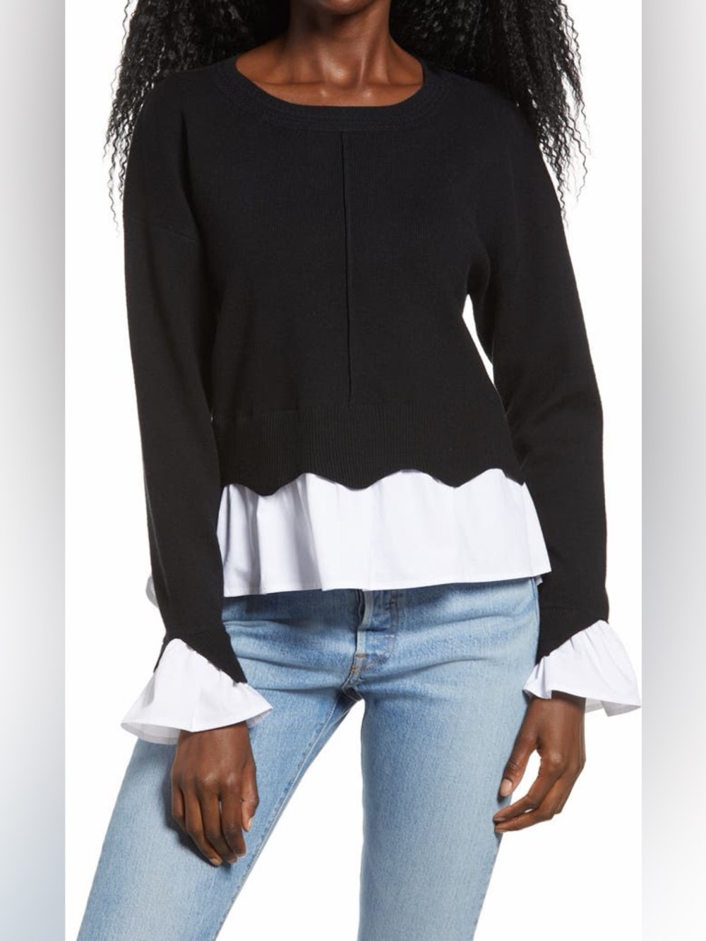 NWT English Factory Scalloped Mixed Media Sweater in black womens medium